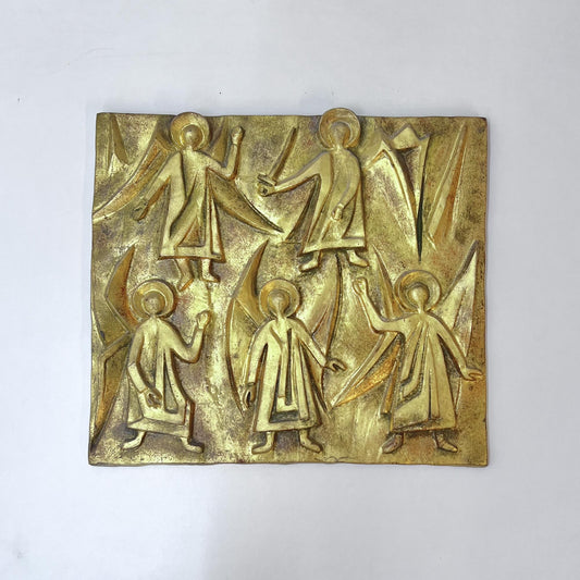 Relief-Bild mit Engeln aus Tonerde, goldfarbig