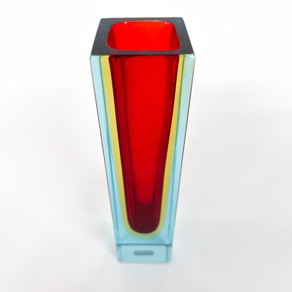 Vase, Murano Glas, Rot, Gelb, Blau, Gelb, Rot, schmal